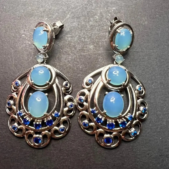 LAB CREATED BLUE SPINEL AND BLUE CHALCEDONY RHODIUM OVER SILVER EARRINGS - Picture 1 of 11